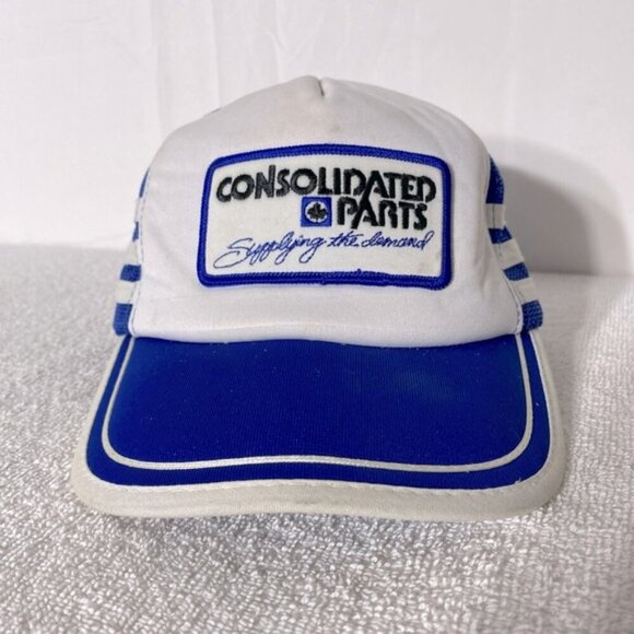Vintage Blue White Consolidated Parts Mesh Back Snap Back Trucker Hat - Picture 1 of 10